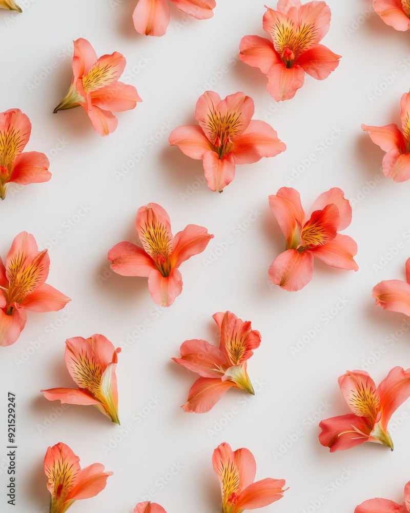 Poster bright floral pattern of red alstroemerias on soft white background with consistent spacing and shad