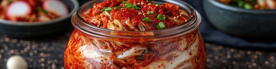 Authentic Korean Kimchi in Glass Jar with Fresh Ingredients, Popular Korean Fermented Dish, Traditional Fermentation Process