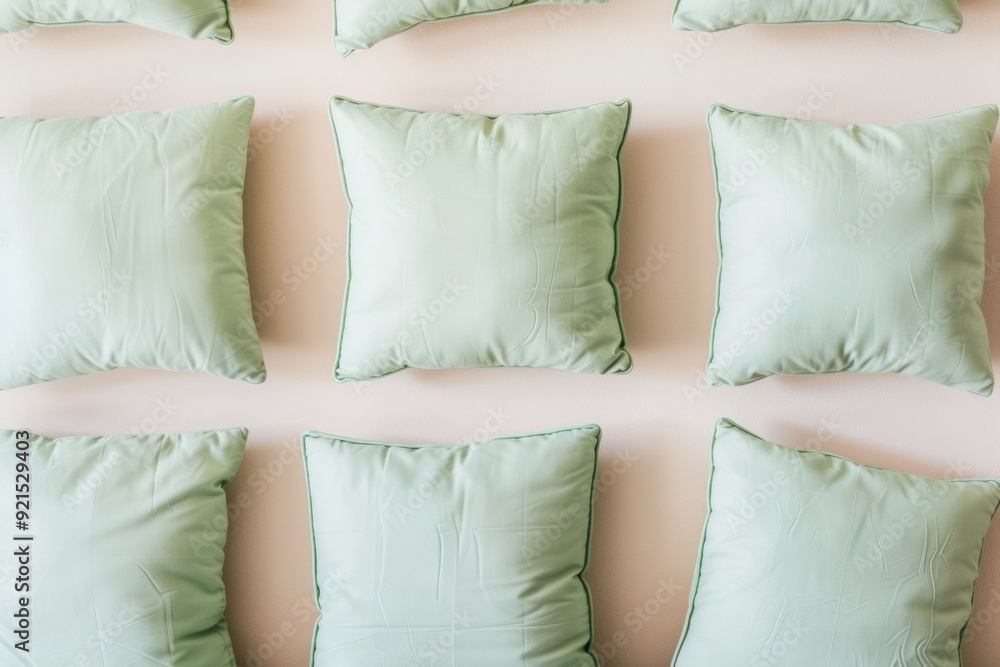 Aufkleber Cozy Green Pillows Arranged in Pattern on Soft Beige Background, Pastel Color Scheme Creating Calm, Relaxed Mood
