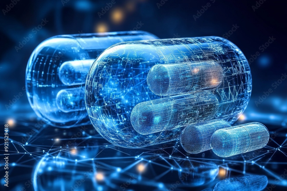 Poster dynamic digital rendering of blue capsules in a cyber network illustrating interconnected healthcare