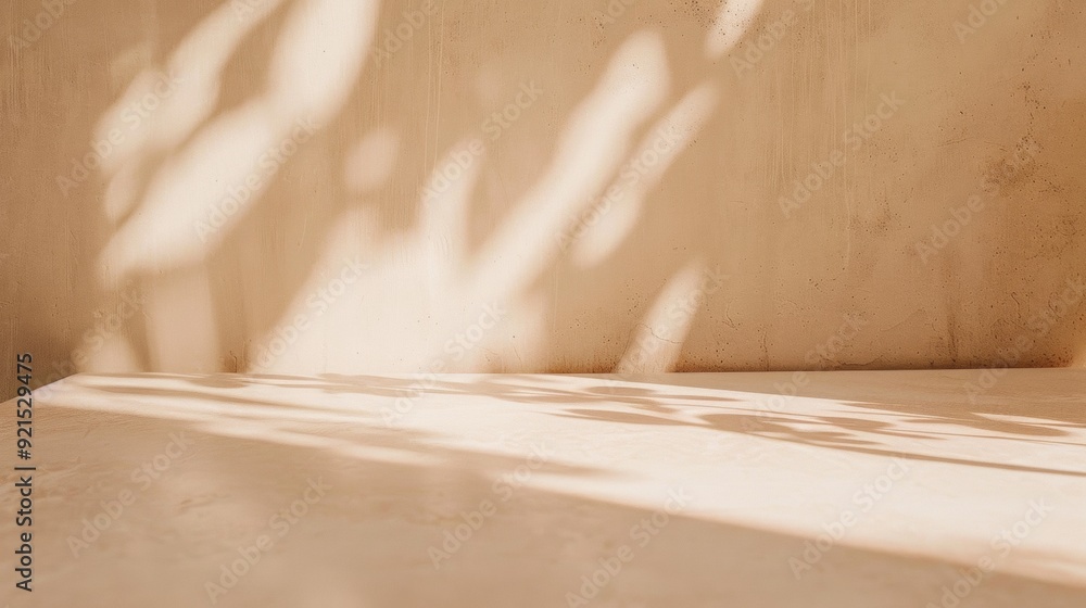 Poster serene empty beige table with warm morning light and shadows