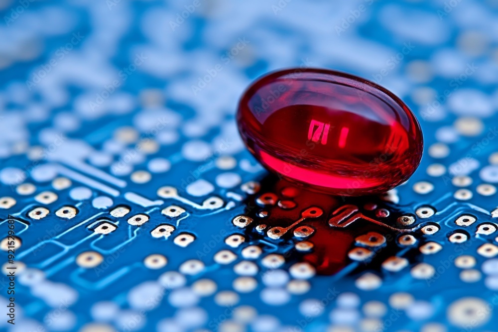 Poster red glowing capsule on a reflective surface with data streams depicting rapid drug delivery systems