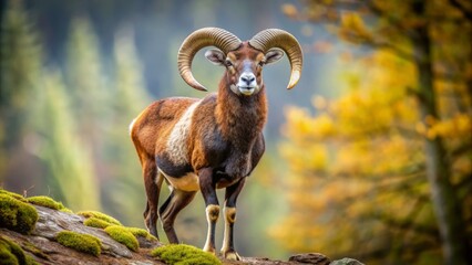 Magnificent Ovis orientalis musimon, also known as the mouflon, stands majestically in a natural habitat, showcasing its distinctive curved horns and brownish-red coat.