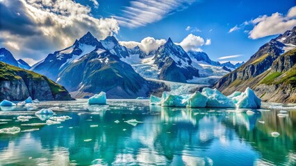 Majestic icebergs float in turquoise waters surrounded by towering glaciers and snow-capped mountain peaks in Alaska's breathtaking Glacier Bay National Park landscape.