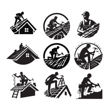 Roofing Construction Logo Set, Roofer Silhouette Vector Icons for Home Repair and Building Service