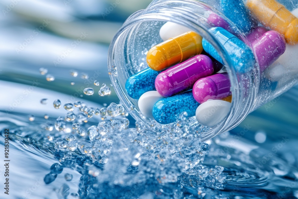Poster dynamic digital rendering of blue capsules in a network illustrating interconnected health solutions