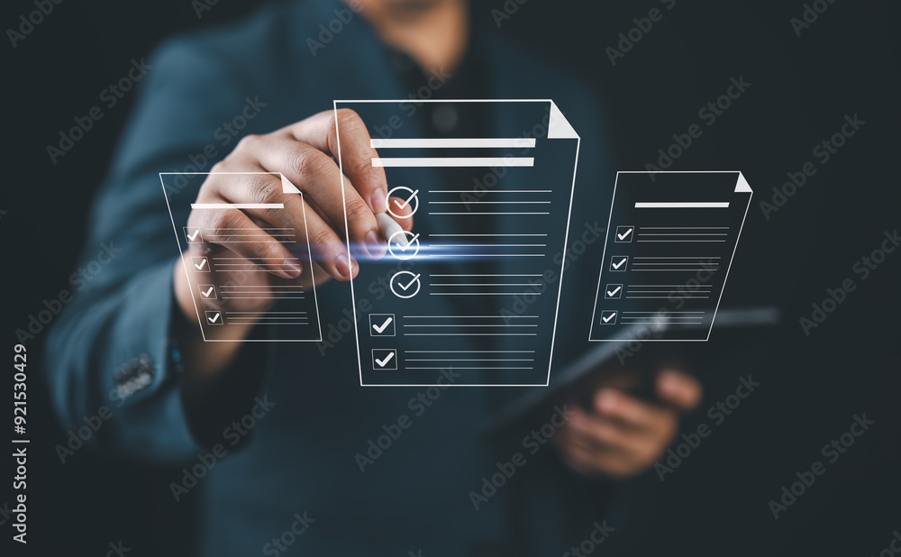 Poster Document management system DMS. Assessment form, questionnaire, checklist and clipboard task management. Businessman working on laptop computer productivity checklist and filling survey form online.