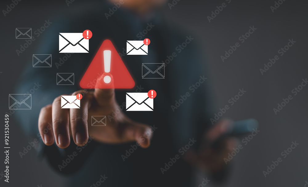 Poster New email notification and internet communication concept, Email inbox alert and spam virus with warning, email security protection alert, email technology icon, junk mail compromised information.