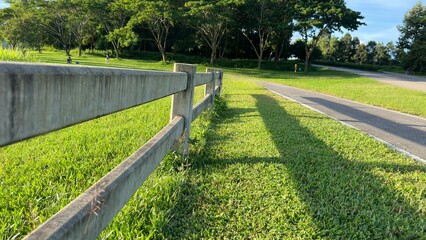 Peaceful Park Path with Wooden Fence and Lush Greenery, Serene park scene featuring a sunlit wooden fence along a green path framed by vibrant grass and trees under a clear blue sky.