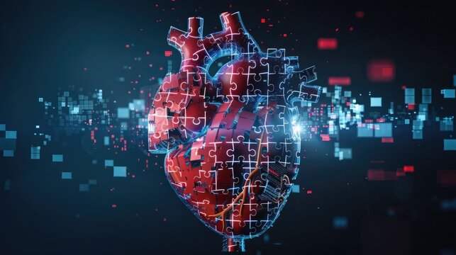 Digital illustration of a human heart composed of puzzle pieces, representing medical innovation and technological advances in cardiology.