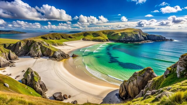 Majestic white sandy beach with crystal-clear turquoise waters and picturesque rocky cliffs under a vibrant blue sky on the Isle of Lewis, Scotland.
