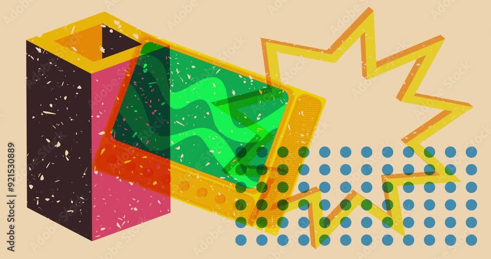 Poster risograph television with geometric shapes animation. moving object in trendy riso graph design vide