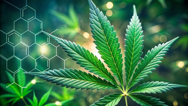 Microscopic view of cannabis leaf highlighting the difference between tetrahydrocannabinol (THC) and cannabidiol (CBD) compounds, illustrating their distinct molecular structures.