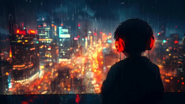 anime style It's a stunning night and a boy wear headphone near the window with rain city view