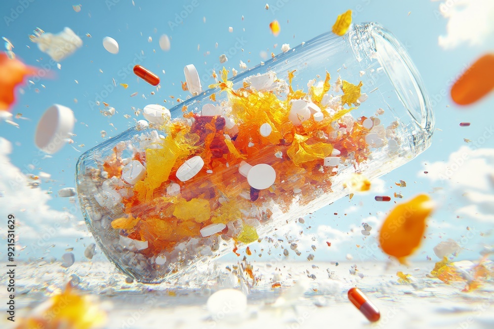 Poster exploding capsule dispersing colorful micro elements symbolizes the rapid release of pharmaceutical 