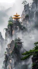 Ink minimalist mountain top temple architectural landscape illustration poster background