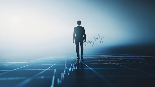 hombre de negocios caminando sobre una grafica en crecimiento teniendo exito empresarial en el futuro