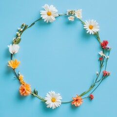 Obraz premium Floral frame with vibrant spring flowers on a pastel blue background, seasonal design 