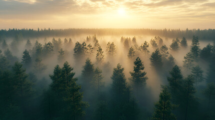Fototapeta premium paisaje de pinos en el bosque con el sol al alba saliendo al horizonte neblina sobre los arboles al amanecer