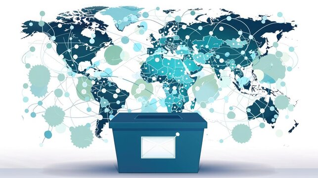 Global network and communication concept with a voting ballot box representing global elections and democratic processes.