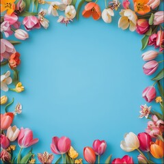 Square floral frame with delicate white and pink flowers on a pastel blue background
