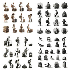 Obraz premium A collection of images of people with luggage, including backpacks, suitcases, and handbags. The mood of the images is that of travel and adventure