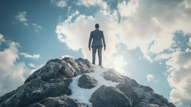 hombre de negocios triunfando y llegando a la cima de los negocios exito empresarial y fuerza logros y humildad
