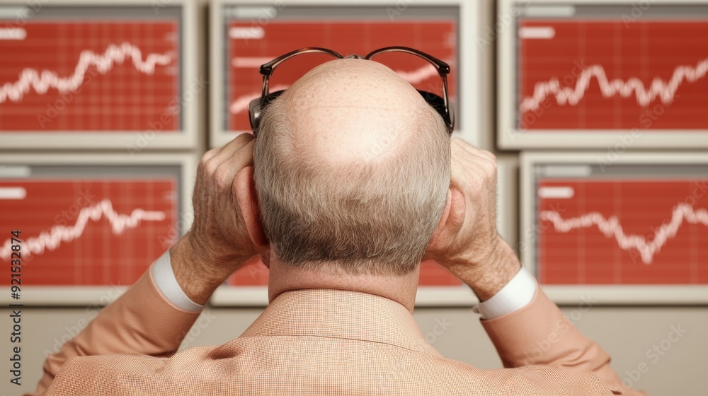 Poster middle-aged male stock trader in office displaying panic amid market crash at daytime, surrounded by