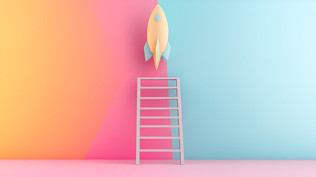 un fondo colorido con espacio para copiar con una escalera para subir al exito un cohete despegando hacia el futuro hacia el exito y logros empresariales o personales alcanzar metas y desafios