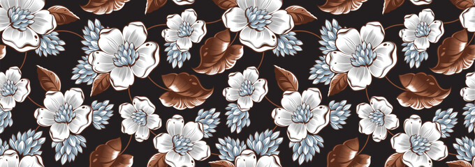 aloha summer fashion, tropical gradient flowers seamless pattern, artwork on hawaiian shirt fashion mockup, elegance hibiscus flora abstract, shirt mockup llustration © kirkchai