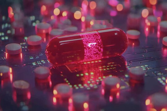 Electronic motherboard with glowing red capsules showcases the synergy between pharmaceuticals and advanced electronics