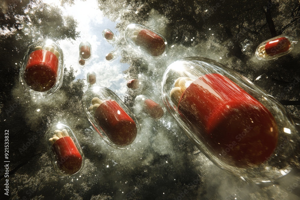 Aufkleber exploding red pill in a dynamic high speed setting represents the rapid advancements in medical tech