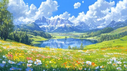 beautiful mountain landscape with lake and flowers and clouds