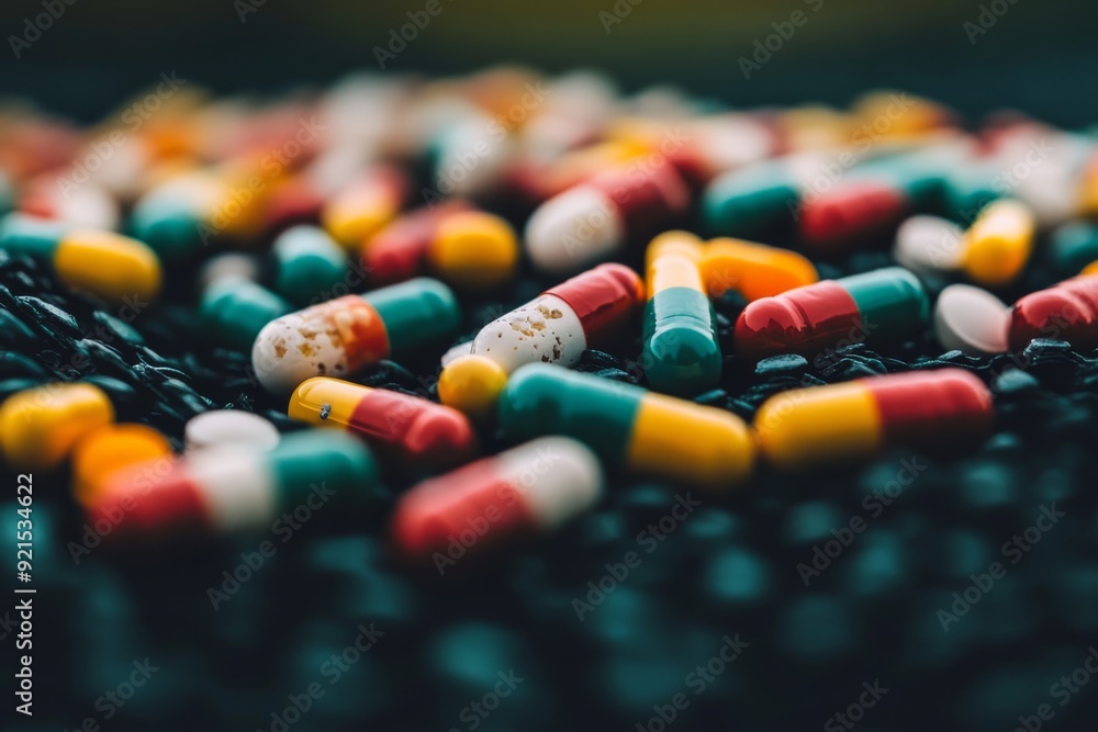 Poster assortment of colorful pills scattered on a tech themed backdrop representing the diversity in moder