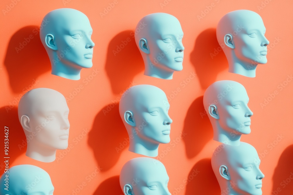Poster surreal pattern of white mannequin heads on dark red background in daylight, evoking crisp monochrom