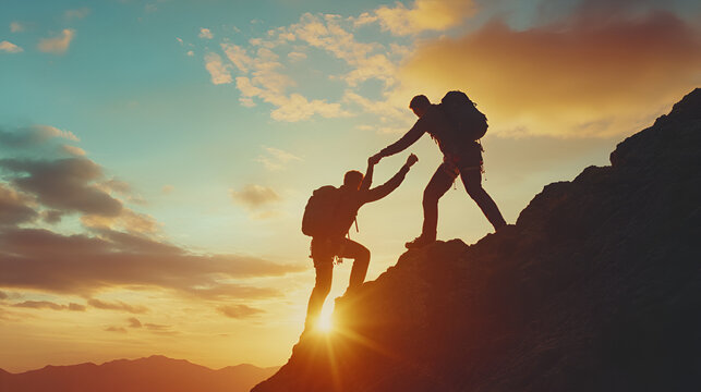 dos amigos subiendo y escalando a la cima de la monta&ntilde;a al aire libre subiendo y ayudando  para tener exito juntos paisaje y felicidad