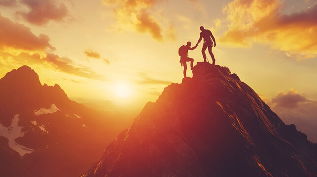 un amigo ayudando a subir la monta&ntilde;a ayudando a su amigo a llegar a la cima de la monta&ntilde;a en un hermoso atardecer nobleza y humildad