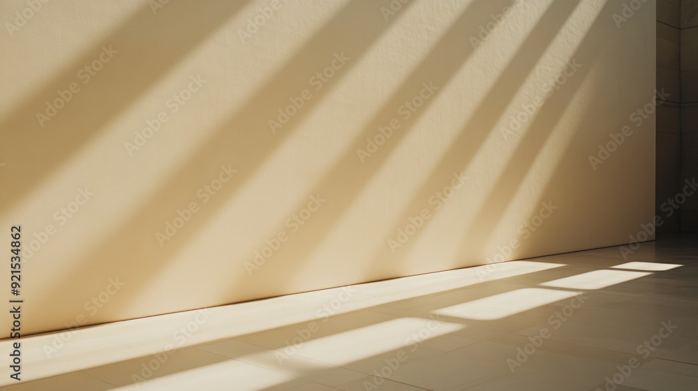 Poster minimalist indoor space with soft cream wall and gentle light beams, emphasizing tranquility and mod