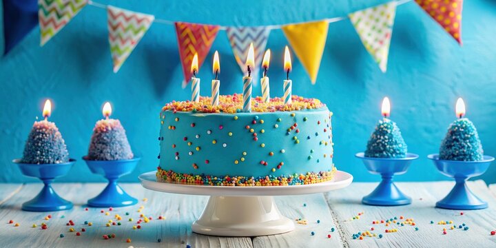 Vibrant blue and white frosted cake adorned with colorful sprinkles, candles, and a decorative banner, perfect for celebrating a special paternal milestone.