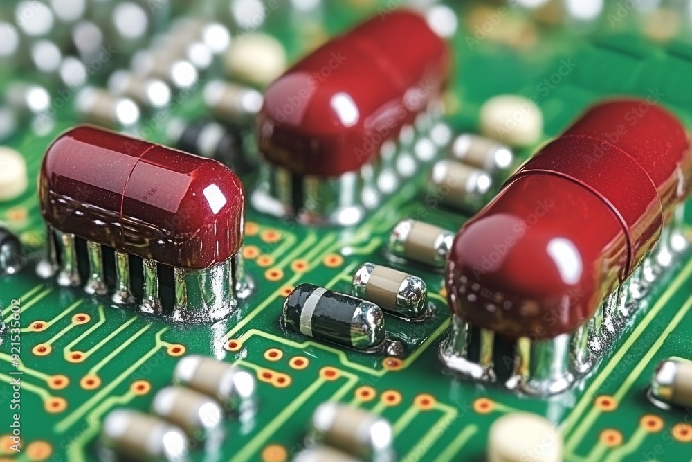 Poster green circuit boards with red capacitors illustrating advanced electronic design and functionality