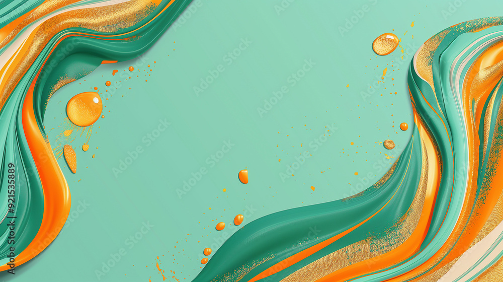 Poster abstract fluid art in teal and orange with splatter details..