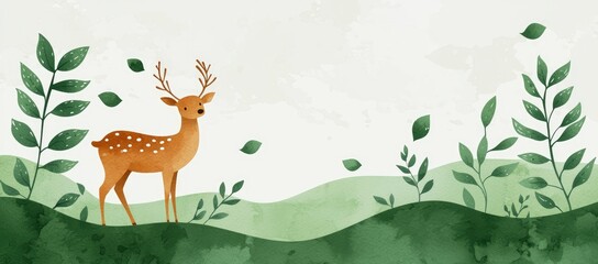 Watercolor Deer in a Forest Landscape