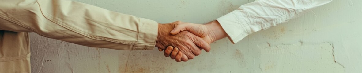 Fototapeta premium Middle-Aged Female Professional Visits Prison, Shakes Hands with Inmate Through Bars, Plain Grey Background, Daytime Scene Embraces Hope and Confinement