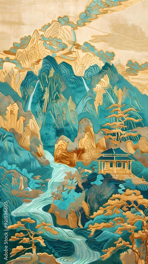 Wall mural Traditional golden green mountain pavilions illustration poster background