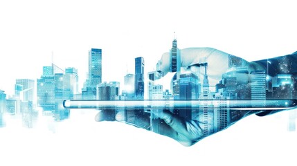 Obraz premium A Hand Holding a Tablet with a Cityscape Double Exposure
