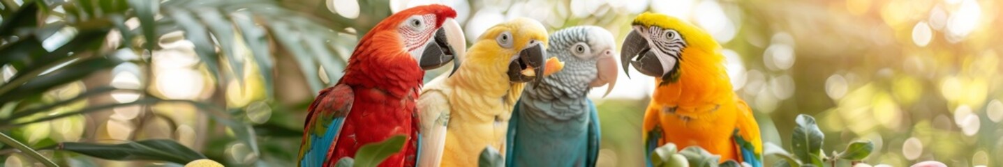 Obraz premium Colorful Parrots Enjoying Festive Picnic in Lush Green Park with Vibrant Decorations and Fruits