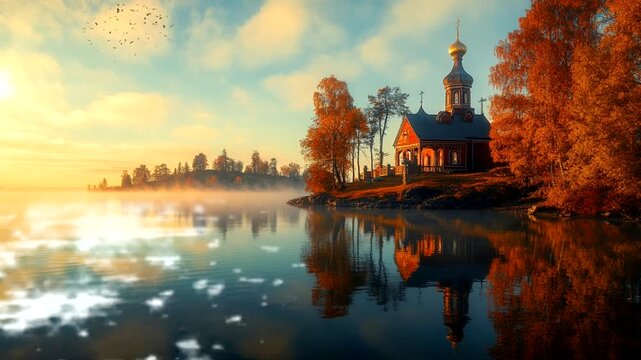 An autumn scene, featuring a historic church on a small island surrounded by calm water and mist, with fall leaves reflected in the lake. Seamless looping 4k time-lapse animation video background