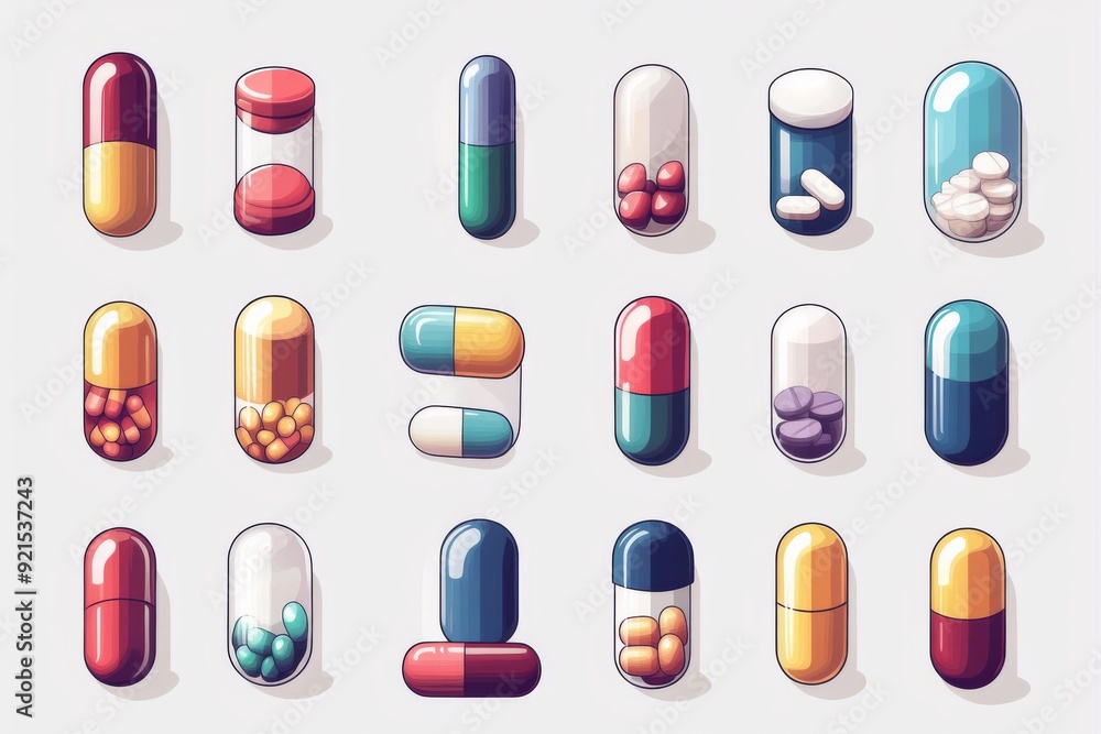 Poster Diverse Array of Pills and Medication Bottles in a Clean Graphic Layout
