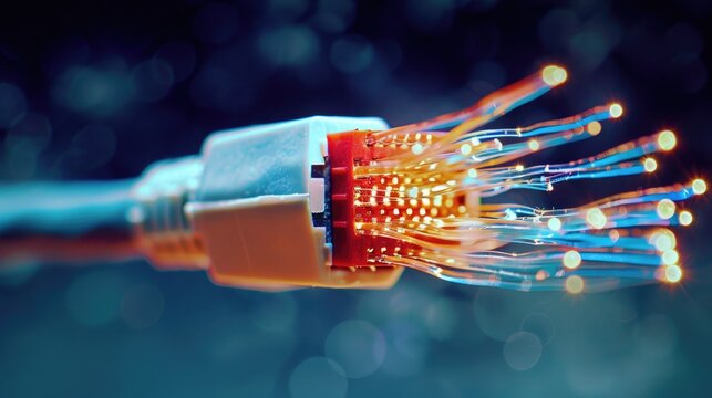Close-up of illuminated fiber optic cables, showcasing modern technology and high-speed internet connectivity on a blurred background.