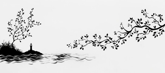 Fototapeta premium Silhouette of a Tree and a Branch Over the Sea with a Lighthouse